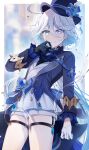  1girl absurdres ahoge ascot asymmetrical_gloves black_gloves blue_ascot blue_brooch blue_eyes blue_gemstone blue_hair blue_headwear blue_jacket commentary_request cowlick drop-shaped_pupils furina_(genshin_impact) gem genshin_impact gloves hair_between_eyes hand_on_own_chin hat heterochromia highres jacket knees_up light_blue_hair long_hair long_sleeves looking_at_viewer mahiru_yura mismatched_gloves mismatched_pupils purple_eyes shorts smile solo standing top_hat white_gloves white_shorts 
