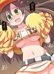  belt blush breasts brown_hair celebi_ryousangata cheerleader clothes_writing crop_top crop_top_overhang ganbare_ganbare_(itou_life) green_eyes groin hair_ornament hairclip hat himekawa_yuki idolmaster idolmaster_cinderella_girls large_breasts midriff navel no_bra no_panties out-of-frame_censoring pom_poms skirt smile solo translated underboob 