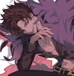  &gt;:) 1boy abs belial_(granblue_fantasy) belt bishounen black_jacket brown_hair evil_smile feather_boa granblue_fantasy grin hand_on_own_face jacket korean_commentary leaning_forward male_focus messy_hair open_clothes open_jacket parted_bangs pectorals popped_collar red_eyes short_hair signature sitting smile solo_focus spiked_hair v-shaped_eyebrows wago white_background 