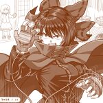  2girls bow cloak commentary_request dated fingerless_gloves gloves greyscale hair_bow indoors long_sleeves looking_at_viewer monochrome multiple_girls nokimenayu parted_lips sekibanki short_hair sketch skirt solo_focus tatara_kogasa touhou variant_set 