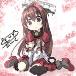  :o age_regression between_legs blush brown_eyes brown_hair capelet cherry_blossoms chibi darkside detached_sleeves flower hair_flower hair_ornament hand_between_legs head_tilt kantai_collection long_hair looking_at_viewer open_mouth oversized_clothes parted_lips ponytail sitting skirt solo thighhighs v_arms very_long_hair wariza yamato_(kantai_collection) younger 