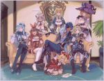  2boys 6+girls :| albedo_(genshin_impact) amber_(genshin_impact) arm_around_shoulder armor armored_dress behind_another blonde_hair blue_eyes blue_hair blush boots border brown_hair capelet closed_mouth coat couch crossed_legs dark-skinned_male dark_skin diluc_(genshin_impact) english_commentary eula_(genshin_impact) eyepatch fingerless_gloves full_body gauntlets genshin_impact gloves green_eyes grey_hair hair_between_eyes hairband hat height_difference indoors jacket jean_(genshin_impact) kiegenshin klee_(genshin_impact) leaning_to_the_side legs_apart lisa_(genshin_impact) long_hair long_sleeves looking_at_another looking_at_viewer multiple_boys multiple_girls noelle_(genshin_impact) on_couch one_eye_closed one_eye_covered open_mouth pants pointy_ears shoulder_armor side-by-side sitting smile standing thigh_boots twitter_username white_border witch_hat yellow_eyes 