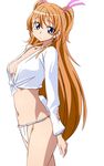  blue_eyes breasts brown_hair front-tie_top fundoshi houjou_hibiki japanese_clothes long_hair looking_at_viewer manji_(tenketsu) medium_breasts precure shirt simple_background solo suite_precure tied_shirt two_side_up very_long_hair white_background yamakasa 