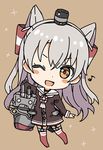  ;d amatsukaze_(kantai_collection) bad_id bad_tumblr_id blush_stickers chibi eighth_note garter_straps kantai_collection lifebuoy long_hair looking_at_viewer mitsuji245 musical_note one_eye_closed open_mouth rensouhou-kun silver_hair simple_background smile solo thighhighs two_side_up 