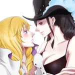  1boy 1girl black_dress black_hair blonde_hair blue_eyes blush breasts cavendish cleavage dress eye_contact hat long_hair looking_at_another nico_robin one_piece plume purple_eyes smile yucchan_wakayuri 