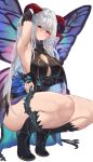  1girl absurdres boots breasts bridal_gauntlets butterfly_wings chiyu1182 cleavage curled_horns fire_emblem fire_emblem_heroes freyja_(fire_emblem) goat_horns grey_hair highres horns huge_breasts insect_wings long_hair red_horns wings 