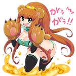  animal_ears bear_ears bear_girl bear_paws blush breasts brown_hair chan_co cleavage crown fang gau_pose gloves green_eyes honey large_breasts long_hair looking_at_viewer md5_mismatch mini_crown navel open_mouth paw_gloves paws ponytail simple_background smile solo thighhighs translated very_long_hair white_background yuri_kuma_arashi yurigasaki_lulu 