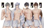  4boys abs absurdres alhaitham_(genshin_impact) aqua_hair black_hair blue_hair brown_hair closed_mouth earrings genshin_impact grey_hair hair_between_eyes hair_over_one_eye highres jewelry long_hair looking_at_viewer male_focus multicolored_hair multiple_boys muscular muscular_male mushroom navel neuvillette_(genshin_impact) nipples pnk_crow scar short_hair single_earring stomach streaked_hair towel towel_around_waist white_hair wriothesley_(genshin_impact) yellow_eyes zhongli_(genshin_impact) 