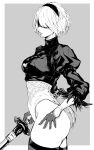  1girl 2b_(nier:automata) absurdres blindfold breasts closed_mouth commentary feather_trim from_side gloves grey_background greyscale hair_ornament hairband highleg highleg_leotard highres holding holding_sword holding_weapon leotard lips long_sleeves medium_breasts mole mole_under_mouth monochrome nier:automata nier_(series) nishiii26miii puffy_sleeves short_hair solo sword thighhighs thighs turtleneck weapon 
