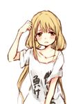  bad_id bad_pixiv_id blonde_hair blush brown_eyes clothes_writing futaba_anzu highres himeru idolmaster idolmaster_cinderella_girls long_hair shirt sketch solo t-shirt twintails you_work_you_lose 