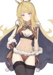  1girl arm_at_side bikini black_cape black_gloves black_thighhighs blonde_hair blunt_bangs breasts cagliostro_(granblue_fantasy) cape capelet christmas cleavage cowboy_shot english_commentary fur-trimmed_bikini fur-trimmed_capelet fur-trimmed_gloves fur_trim furrowed_brow gloves granblue_fantasy hand_on_own_hip highres holly light_blush light_frown long_hair navel punished_pigeon purple_eyes red_capelet sidelocks signature sketch small_breasts spiked_headband swimsuit thighhighs tiara 