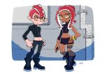  1boy 1girl agent_8_(splatoon) asymmetrical_sleeves boots border cropped_shirt dark-skinned_female dark_skin dual_persona full_body hand_on_own_hip industrial_pipe leg_belt looking_at_viewer midriff navel octopus orange_eyes pants pointy_ears signature skirt splatoon_(series) splatoon_2 stomach sunafuki_tabito tentacle_hair tentacles white_border zipper zipper_pull_tab 