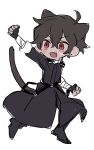  &gt;:) :d animal_ears bandaged_arm bandages belial_(happy_saint_sheol) belt black_coat cat_boy chibi clenched_hand coat dark-skinned_male dark_skin fang hand_up happy_saint_sheol ok_o_o red_eyes scar scar_on_cheek scar_on_face sketch smile v-shaped_eyebrows white_background 