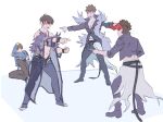  4boys :d @_43517 alternate_form arm_up barefoot belial_(granblue_fantasy) belial_(summer)_(granblue_fantasy) belt bishounen black_footwear blue_jacket bracelet brown_hair brown_pantyhose commentary crying crying_with_eyes_open feather_boa from_behind granblue_fantasy granblue_fantasy_versus hair_between_eyes horns jacket jewelry male_swimwear meme messy_hair multiple_boys official_alternate_costume open_clothes open_jacket pants pantyhose pointing_spider-man_(meme) popped_collar red_eyes red_horns scared school_uniform see-through short_hair sitting sketch smile sunglasses swim_briefs symbol-only_commentary tears topless_male white_background 