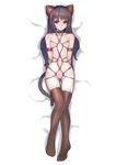  absurdres animal_ears arms_behind_back bdsm black_hair blush bondage bound breasts cat_ears cat_tail choker fengmo full_body highres long_hair looking_at_viewer lying navel nipples on_back original pink_rope purple_eyes rope shibari small_breasts solo tail thighhighs 
