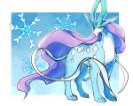  animal_focus blue_background blue_skin border closed_mouth colored_skin commentary_request gradient_background highres long_hair no_humans ohayou_milk outside_border pokemon pokemon_(creature) prehensile_ribbon purple_hair red_eyes smile snowflakes suicune white_border 