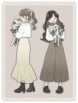  2girls :d ^_^ ankle_boots ankle_socks blush boots bouquet brown_background brown_footwear brown_hair brown_skirt closed_eyes closed_mouth commentary_request earrings facing_viewer flower full_body hair_ribbon hands_up head_tilt highres holding holding_bouquet jewelry long_hair long_skirt long_sleeves looking_at_another multiple_girls nahara_saki open_mouth original ponytail profile ribbon shoes sideways_glance simple_background skirt smile socks split_mouth standing sweater white_flower white_ribbon white_socks white_sweater yellow_skirt 