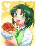  1girl blush bow bowl commentary_request eating food food_on_face food_request green_eyes green_hair green_neckwear hair_bow heart midorikawa_nao nanairogaoka_middle_school_uniform necktie open_mouth precure rice rice_on_face school_uniform smile_precure! solo sweater_vest 
