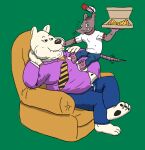 2021 anthro bear belly big_belly black_nose bottomwear clothing duo food furniture geuremon green_background hi_res male mammal murid murine necktie overweight overweight_male pants pizza pizza_box pizza_slice polar_bear rat rodent shirt simple_background sitting sofa surprise topwear ursine vore white_body
