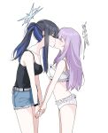  2girls arikalovesyou2 atsuko_(blue_archive) bikini black_hair blue_archive blue_hair breasts closed_eyes denim denim_shorts english_commentary frilled_bikini frills from_side halo holding_hands kiss long_hair md5_mismatch medium_breasts multiple_girls ponytail profile purple_hair resolution_mismatch saori_(blue_archive) shorts sidelocks simple_background source_smaller swimsuit white_background white_bikini yuri 