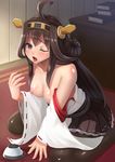  ahoge all_fours arm_support black_legwear breasts brown_hair chuppa_(katotsuba) cup detached_sleeves hairband headgear japanese_clothes kantai_collection kongou_(kantai_collection) long_hair medium_breasts nipples nontraditional_miko one_eye_closed open_mouth saliva shirt_pull solo spill teacup tears thighhighs 