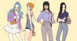  4girls bad_id bad_twitter_id black_hair blue_hair blue_shirt blunt_bangs boa_hancock cardigan chacha_(op_chacha_) cowboy_shot cream_background cropped_cardigan crossed_arms denim earrings hand_on_own_hip high_ponytail hime_cut jeans jewelry looking_at_viewer looking_to_the_side medium_hair miniskirt multiple_girls nami_(one_piece) nefertari_vivi nico_robin one_piece orange_hair pants ponytail purple_cardigan purple_shirt shirt short_hair short_shorts shorts sidelocks skirt smile striped_clothes striped_shirt vertical-striped_clothes vertical-striped_shirt white_skirt 