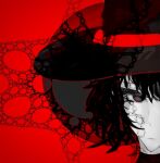  1other androgynous black_hair black_headwear chinese_commentary closed_mouth colored_skin commentary_request enraku_tsubakura expressionless hat highres len&#039;en other_focus portrait red_background red_eyes short_hair solo white_skin zaglossus_bartoni 