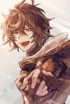  1boy :d armor bishounen breastplate brown_eyes brown_hair chromatic_aberration granblue_fantasy grin hair_between_eyes happy highres hood hood_down light_blush light_particles looking_at_viewer messy_hair reaching reaching_towards_viewer sakuraba_taku sandalphon_(granblue_fantasy) smile solo_focus teeth turtleneck upper_body upper_teeth_only white_background 