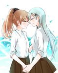  aqua_hair brown_hair closed_eyes forehead-to-forehead hair_ornament hairclip holding_hands jikasei kantai_collection kumano_(kantai_collection) long_hair multiple_girls ponytail school_uniform skirt smile suzuya_(kantai_collection) twitter_username yuri 