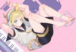  1boy armpits barefoot bishounen black_shorts blonde_hair blue_eyes comiket_103 commentary_request feet hair_ornament hairclip headphones headset highres kagamine_len looking_at_viewer male_focus naoko_(naonocoto) necktie piano_keys shorts solo toes usb vocaloid yellow_nails yellow_necktie 