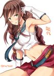  arm_support armpits bare_shoulders braid breasts brown_hair crop_top elbow_gloves gloves green_eyes highres ichikawa_feesu kantai_collection large_breasts long_hair looking_at_viewer midriff neckerchief noshiro_(kantai_collection) pleated_skirt red_skirt sailor_collar school_uniform serafuku shirt simple_background sitting skirt sleeveless sleeveless_shirt solo twin_braids twitter_username white_background white_gloves 