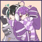  2girls absurdres ahoge alternate_costume black_hair blue_hair blunt_bangs blush border bright_pupils brown_background buttons coat commentary_request covered_mouth demon_horns fang grey_coat grey_mittens hair_between_eyes highres horns long_hair looking_at_viewer medium_bangs mittens multicolored_hair multiple_girls nanashi_inc. open_mouth panyatteria purple_border purple_coat purple_scarf red_eyes scarf shared_clothes shared_scarf shishio_chris shisui_kiki short_hair simple_background sleeves_past_fingers sleeves_past_wrists striped_clothes striped_scarf two-tone_hair upper_body virtual_youtuber white_pupils 
