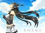  black_gloves black_hair blue_sky closed_eyes cloud dated day elbow_gloves fingerless_gloves gloves hands_clasped headgear interlocked_fingers kantai_collection long_hair looking_up nagato_(kantai_collection) navel own_hands_together pleated_skirt praying ro-fa skirt sky solo very_long_hair wind 