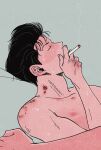  1boy 1other bite_mark bite_mark_on_shoulder black_hair bruise_on_chest cigarette closed_eyes from_side grey_background highres holding holding_cigarette madoyo0000 male_focus mito_youhei out_of_frame pompadour profile simple_background slam_dunk_(series) smoke smoking solo_focus sweatdrop upper_body 