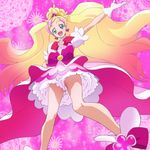  :d aqua_eyes black_gloves blonde_hair bow cure_flora gloves go!_princess_precure gradient_hair haruno_haruka haruyama_kazunori long_hair looking_at_viewer magical_girl multicolored_hair open_mouth outstretched_arm pink_background pink_bow pink_hair ponytail precure smile solo two-tone_hair 