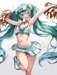  1girl ;d absurdly_long_hair absurdres aqua_eyes aqua_hair armpits arms_up ass_visible_through_thighs bandaid bandaid_on_knee bandaid_on_leg belt blush breasts cheerleader cleavage commentary_request gradient_background groin hair_between_eyes hair_ornament hair_scrunchie hatsune_miku highres holding holding_pom_poms leg_up long_hair looking_at_viewer navel one_eye_closed panties pom_pom_(cheerleading) scrunchie simple_background skirt small_breasts smile solo standing star_tattoo striped_clothes striped_panties tattoo torisan twintails underwear very_long_hair visor_cap vocaloid white_panties white_skirt 