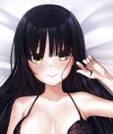  1girl bare_shoulders bed_sheet black_bra black_hair blunt_bangs blush bra breasts breasts_apart cafe_stella_to_shinigami_no_chou close-up closed_mouth collarbone commentary_request dakimakura_(medium) eyelashes fingernails floral_print furrowed_brow hair_between_eyes hair_spread_out hand_up highres large_breasts light_smile lips long_hair looking_at_viewer mole mole_under_eye shiki_natsume solo straight_hair tft_(tft7822) tsurime underwear yellow_eyes 