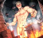  1boy :q abs bara blonde_hair blush cooking cooking_pot cowboy_shot dungeon_meshi eyes_in_shadow fire flaccid highres jackray85674939 laios_thorden large_pectorals male_focus muscular muscular_male navel nipples pectorals penis short_hair solo standing stomach thick_eyebrows thick_thighs thighs tongue tongue_out 