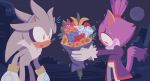  1boy 1girl blaze_the_cat blush commentary flower furry furry_female furry_male gabs_sam gloves hetero looking_down presenting silver_the_hedgehog sonic_(series) sweat symbol-only_commentary tail white_gloves yellow_eyes 