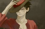  1boy black_hair glare glaring hand_on_hat hand_on_headwear hat hat_over_one_eye koga long_sleeves looking_at_viewer male male_focus monkey_d_luffy one_piece red_shirt scar shirt solo straw_hat 