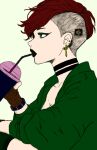  black_choker choker cup drinking_straw drinking_straw_in_mouth earrings green_eyes jewelry non-web_source original red_hair short_hair tagme 