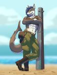 abs anthro beach big_tail blue_hair bottomwear breasts cargo_pants cleavage clothed clothing crossed_arms female fish green_eyes hair hi_res marine pants shark smile smiling_at_viewer smirk smirking_at_viewer solo tail yeentonic