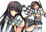  :d :q bangs black_hair brown_eyes brown_hair checkered checkered_flag flag gloves horosuke_(toot08) isokaze_(kantai_collection) kantai_collection licking_lips long_hair multiple_girls naughty_face open_mouth race_queen short_hair simple_background sketch smile tanikaze_(kantai_collection) thighhighs tongue tongue_out white_background 