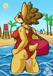accessory anthro beach brown_hair butt female furgonomics generation_1_pokemon hair headband hi_res impydragon knee_deep lifeguard lifeguard_swimsuit lifeguard_tower looking_at_viewer looking_back looking_back_at_viewer nintendo palm_tree plant pokemon pokemon_(species) rear_view sandslash smile smiling_at_viewer solo sunny surfboard surprised_expression tail tree water wet yellow_body