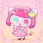  1girl aqua_eyes aqua_hair black_socks chibi chibi_only collar colored_skin dress frilled_collar frilled_dress frilled_sleeves frills hair_ribbon hairpods heterochromia highres long_sleeves multicolored_hair no_eyebrows open_mouth pepoyo pink_dress pink_eyes pink_hair pink_ribbon pink_skin poyoroid ribbon short_hair smile socks solo standing streaked_hair swept_bangs utau yellow_tail 