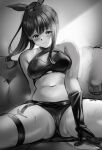  1girl absurdres ass_visible_through_thighs bikini blush closed_mouth commentary_request greyscale gridman_universe hair_ribbon halterneck high_ponytail highres long_hair looking_at_viewer monochrome navel partial_commentary ribbon signature sitting solo spread_legs ssss.gridman swimsuit takarada_rikka thighs yujin_(kanouyuuto-0423) 