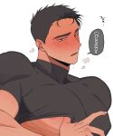  1boy ao_isami bara blush breath clothes_lift facial_hair head_tilt highres kobachi0510 large_pectorals lifted_by_self looking_at_viewer male_focus muscular muscular_male nipple_slip nipples pectorals shirt shirt_lift short_hair sideburns_stubble solo stubble taut_clothes taut_shirt thick_eyebrows translation_request upper_body yuuki_bakuhatsu_bang_bravern 