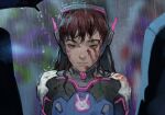  1girl 2others blood blood_on_face bloody_handprints blurry blurry_background brown_eyes brown_hair commentary d.va_(overwatch) dripping english_commentary facepaint facial_mark headphones long_hair multiple_others out_of_frame overwatch overwatch_1 rain sad umbrella upper_body velinxi wet wet_hair whisker_markings 