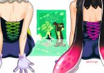  2girls ass bare_arms bare_shoulders black_dress black_hair black_jumpsuit bow-shaped_hair callie_(splatoon) detached_collar dress flipped_hair food food_on_head gloves gradient_hair grey_hair head_out_of_frame highres jumpsuit long_hair marie_(splatoon) mimimimiguchan multicolored_hair multiple_girls object_on_head short_dress short_ponytail sitting splatoon_(series) strapless strapless_dress twintails white_gloves 