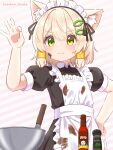  1boy absurdres ahoge animal_ears apron artist_name black_dress black_ribbon blonde_hair cat_boy cat_ears dress fish_hair_ornament frilled_apron frills green_eyes hair_ornament hair_ribbon hazakura_hinata heterochromia highres hot_sauce kaya_(hazakura_hinata) maid maid_apron maid_headdress male_focus meme mixer_(cooking) mixing_bowl original otoko_no_ko pepper_(spice) pepper_shaker ribbon salt_bae_(meme) smile sparkle speech_bubble upper_body valentine white_apron yellow_eyes 